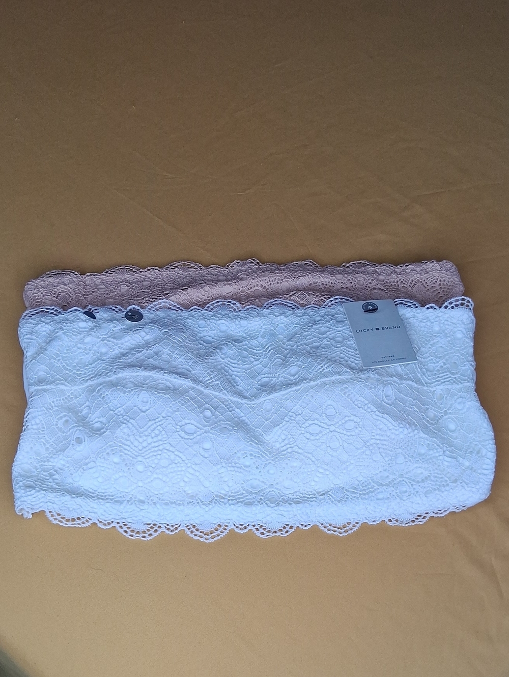 Lucky Brand Lace Bandeau Bralette - White & Tan 2Pc. Size Medium